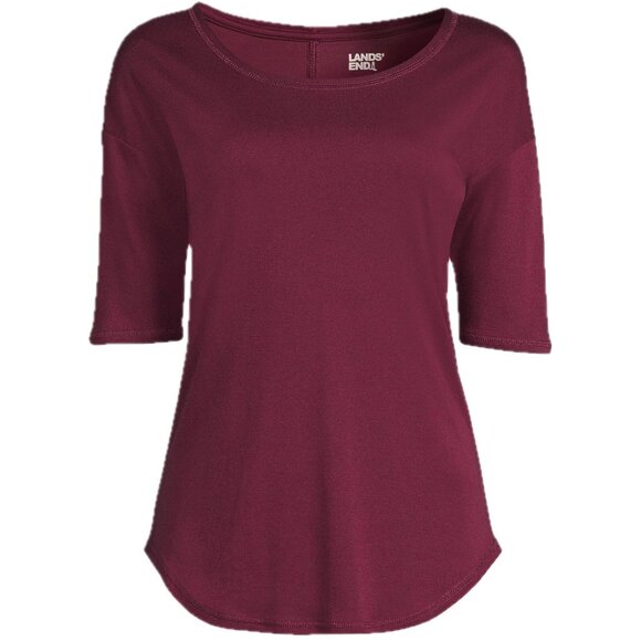 Lands' End Women's Top Burgundy Red Cotton Modal Elbow Sleeve Balletneck - Picture 1 of 8